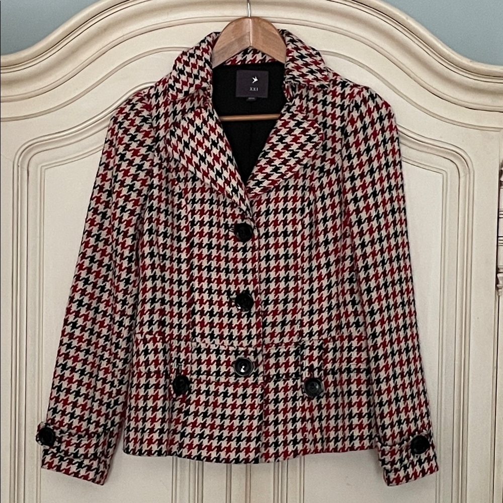 XXI Houndstooth Pea Coat - Black, White, Red